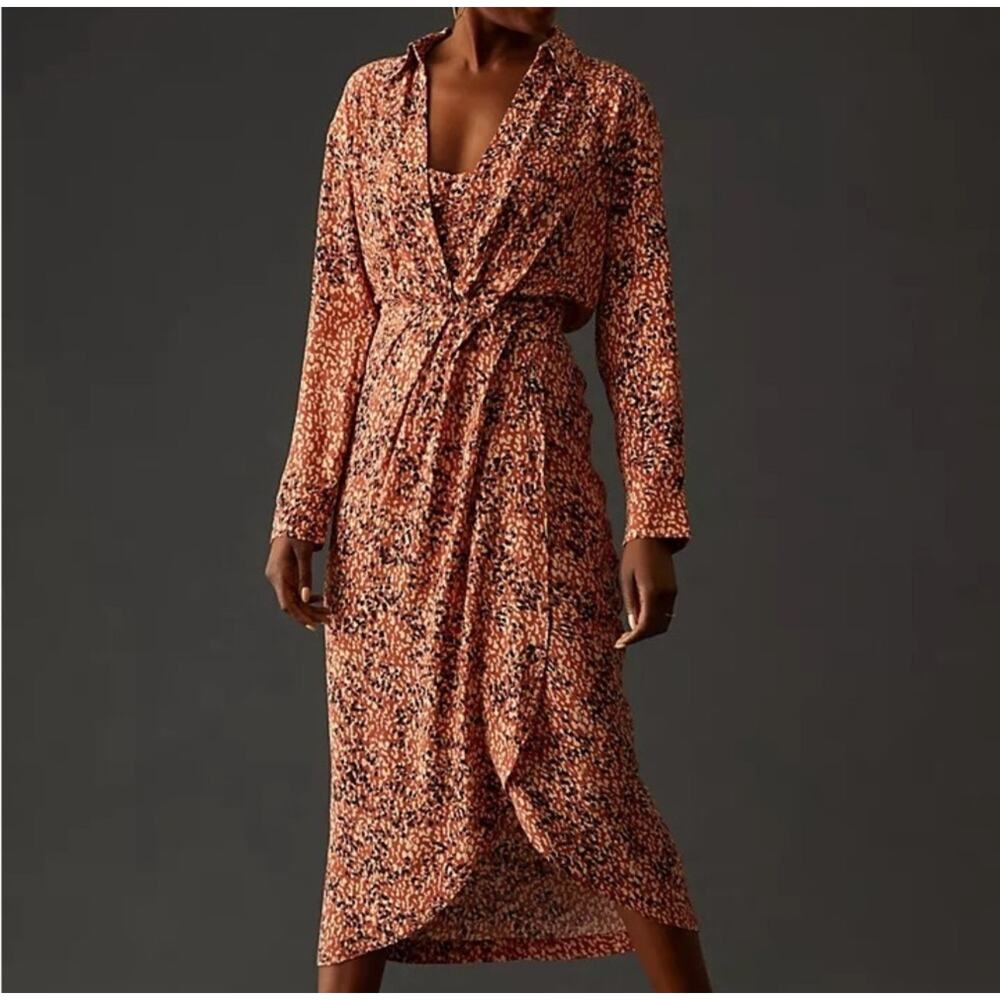 Anthropologie Twofer Wrap Midi Dress‎ Size  Med Petite NWT Rust Print Classic